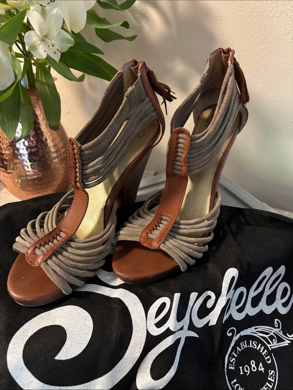 Seychelles Taupe and Brown Braided High Heel Sandals